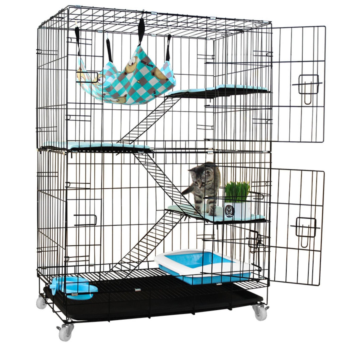 FLOOFI Three-Level Pet Rabbit Bird Cage with Hammock (Black) FI-PRBC-100-XD
