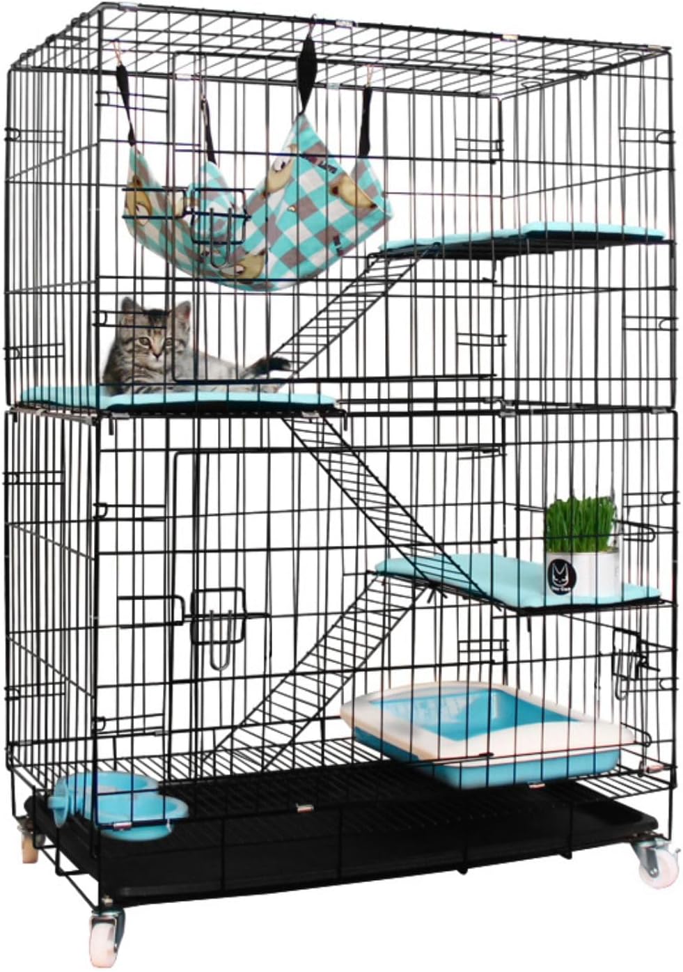 FLOOFI Four-Level Pet Rabbit Bird Cage with Hammock (Black) FI-PRBC-101-XD