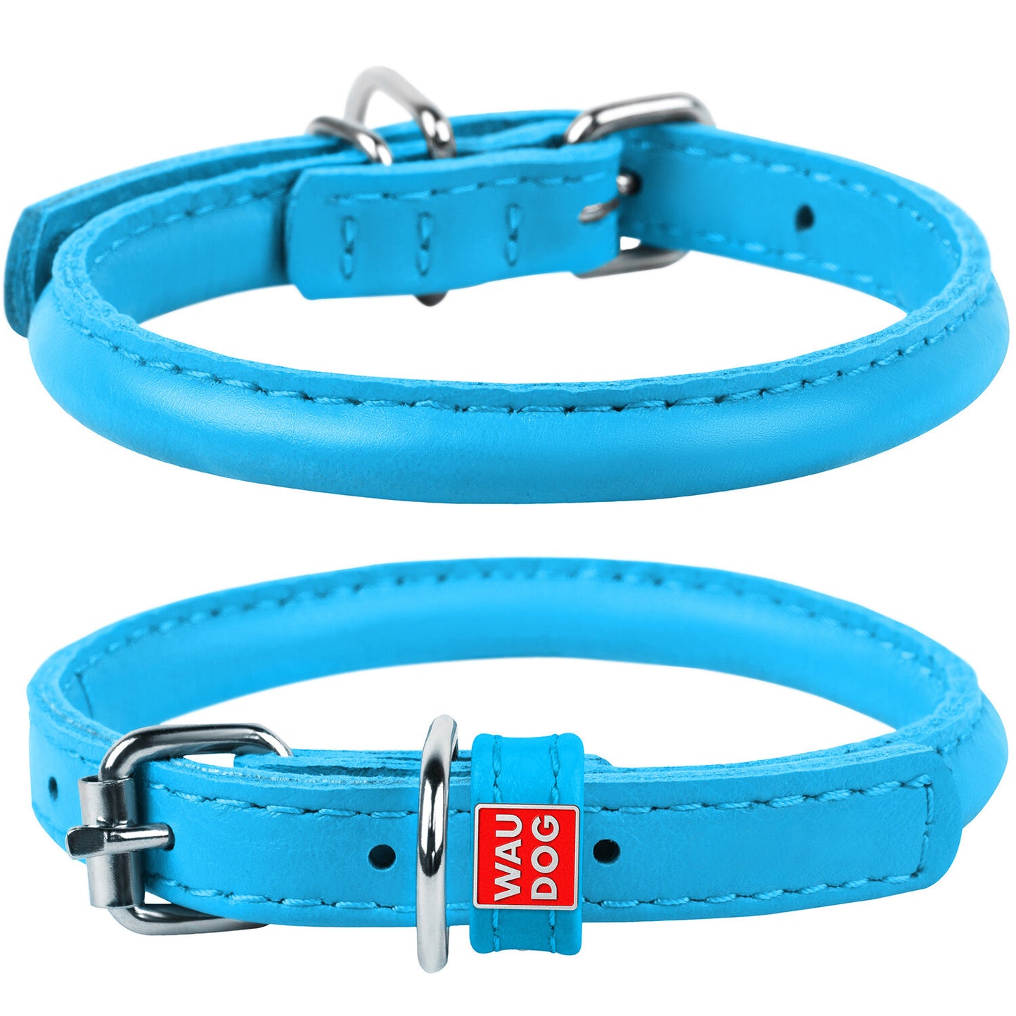 Waudog Leather Round Dog Collar 25-33CM BLUE