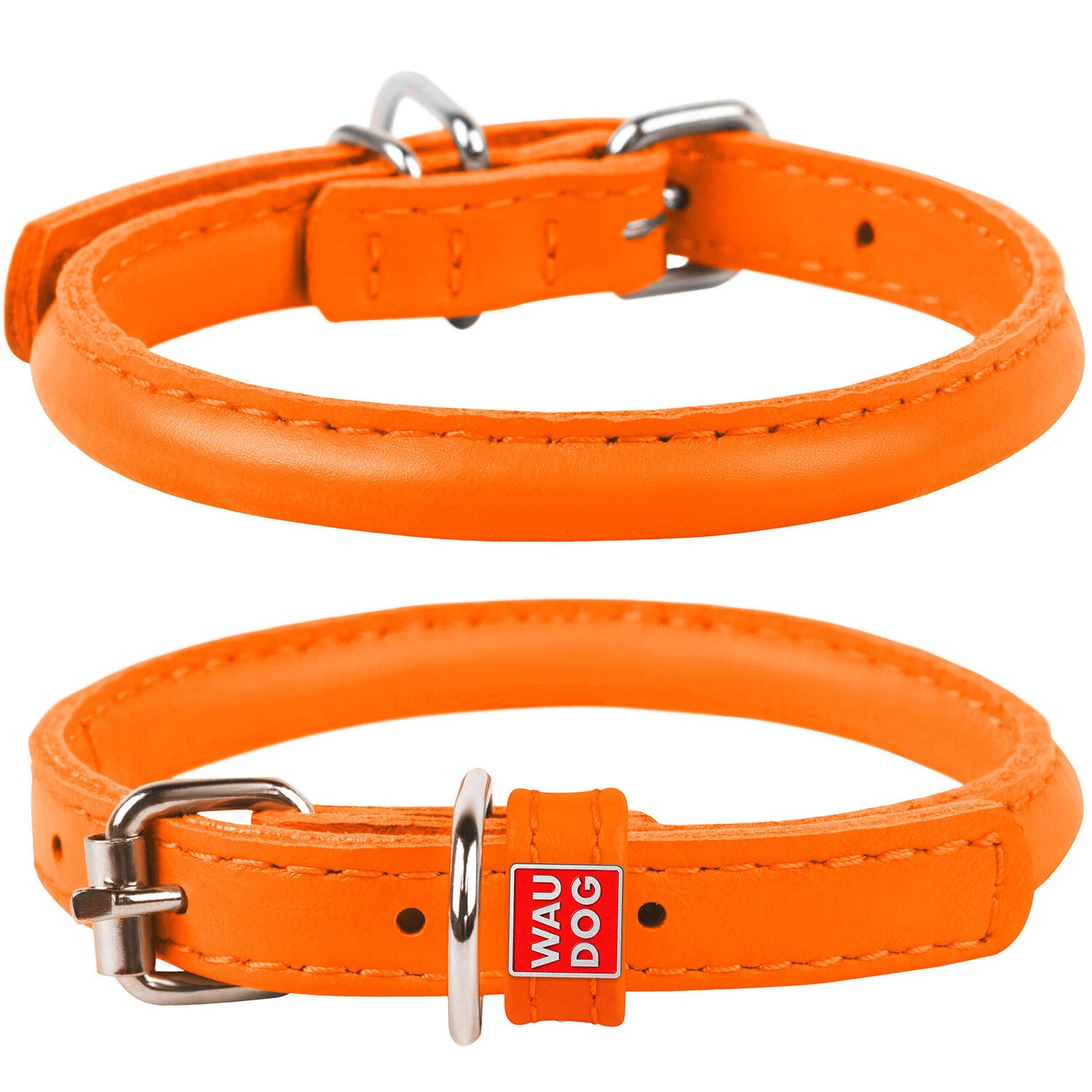 Waudog Leather Round Dog Collar 25-33CM ORANGE