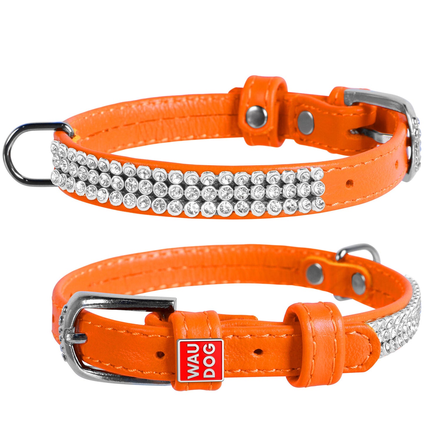 Waudog Leather Dog Collar with Crystals 19-25CM ORANGE