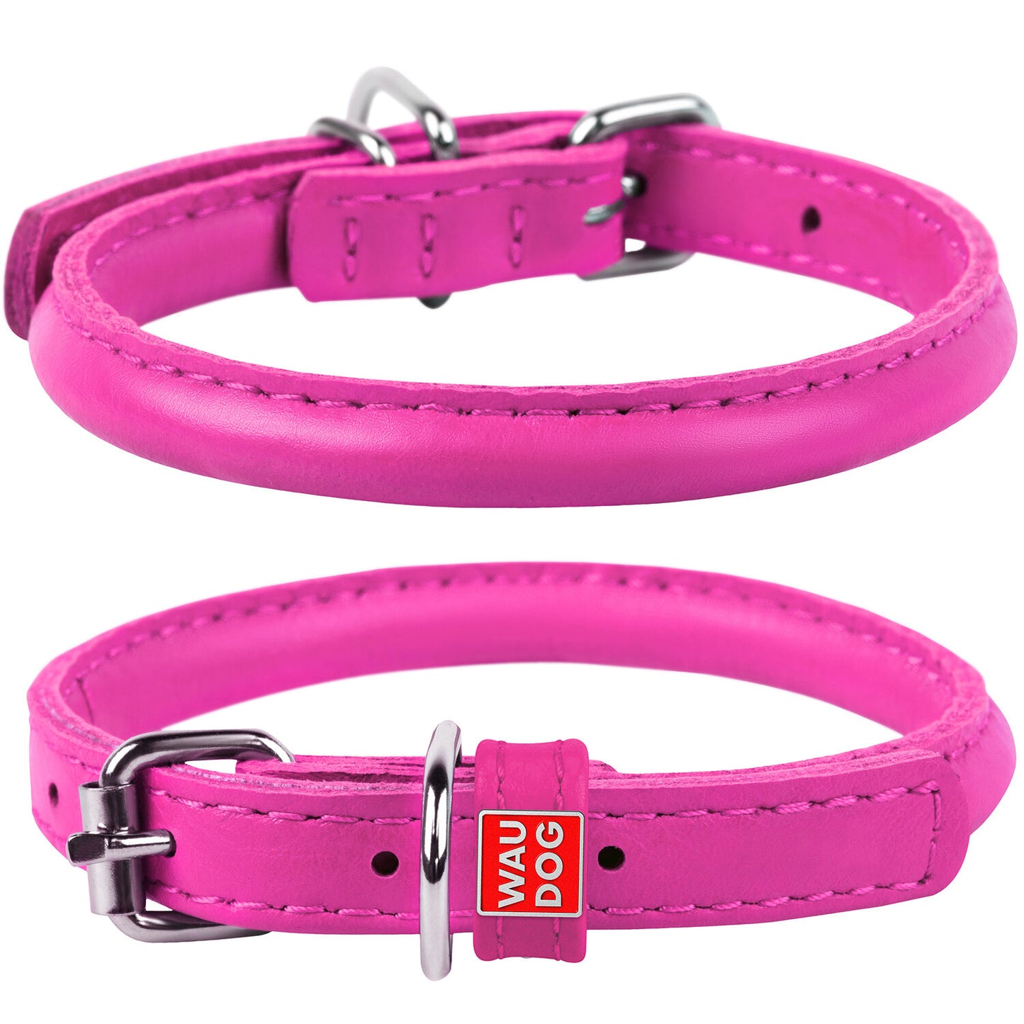Waudog Leather Round Dog Collar 33-41CM PINK