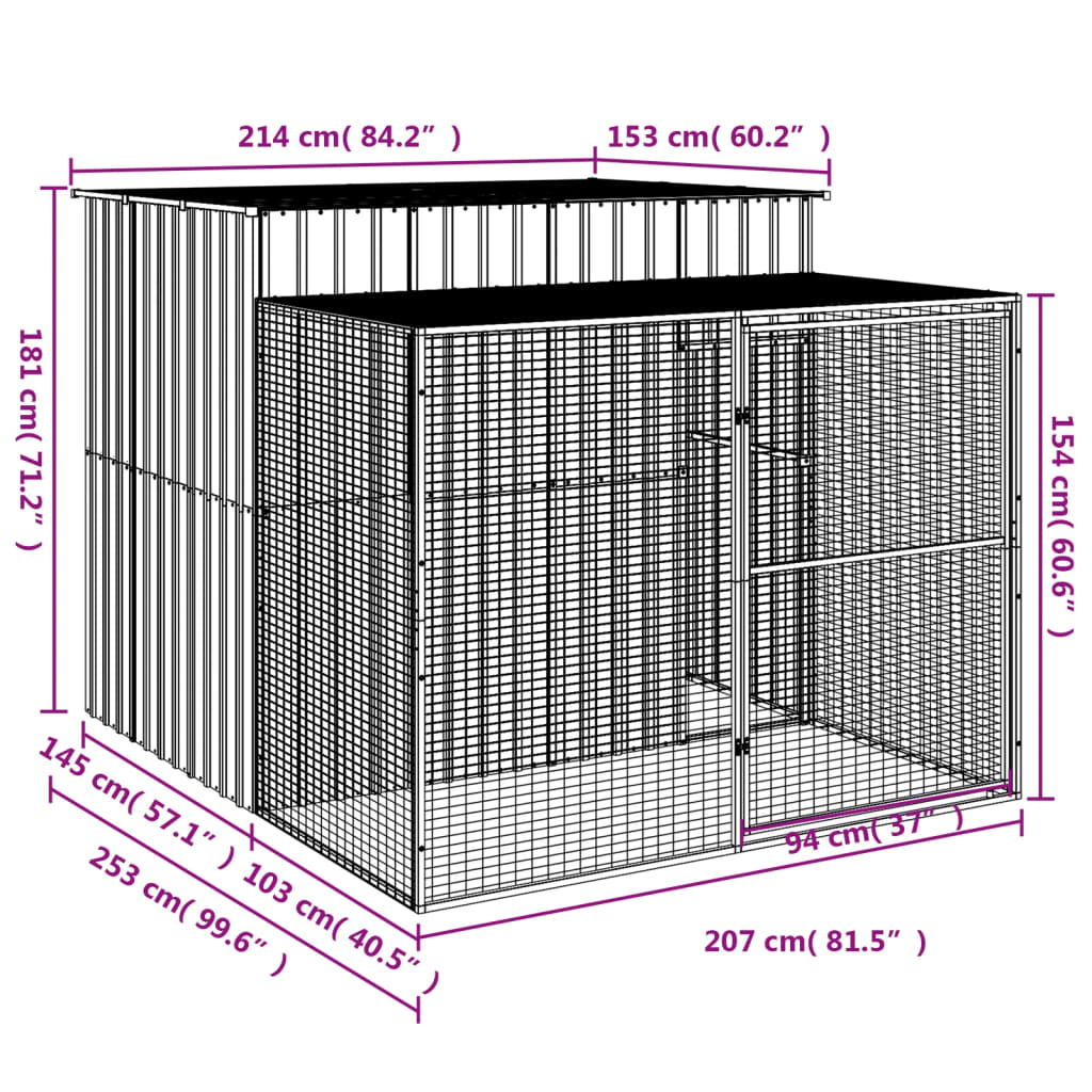 Dog House with Run Light Grey 214x253x181 cm Galvanised Steel