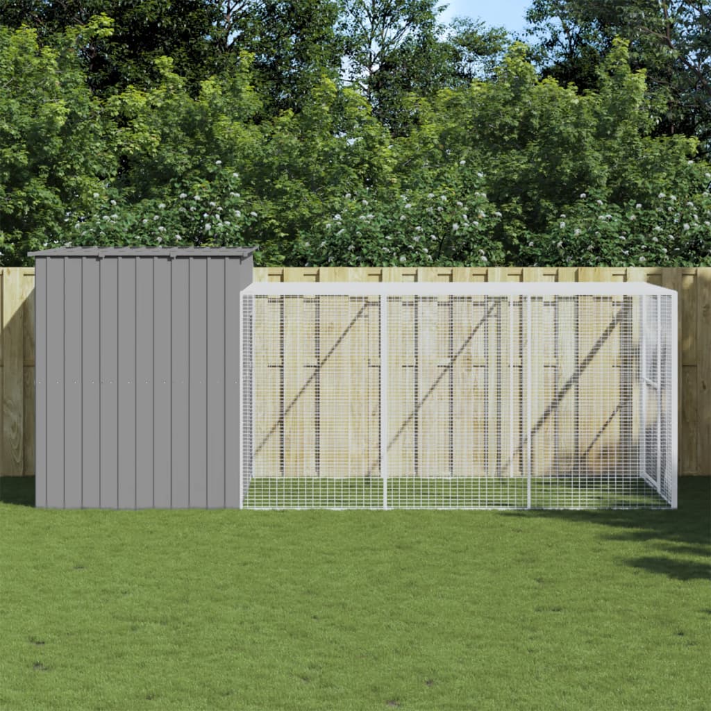 Dog House with Run Light Grey 214x457x181 cm Galvanised Steel