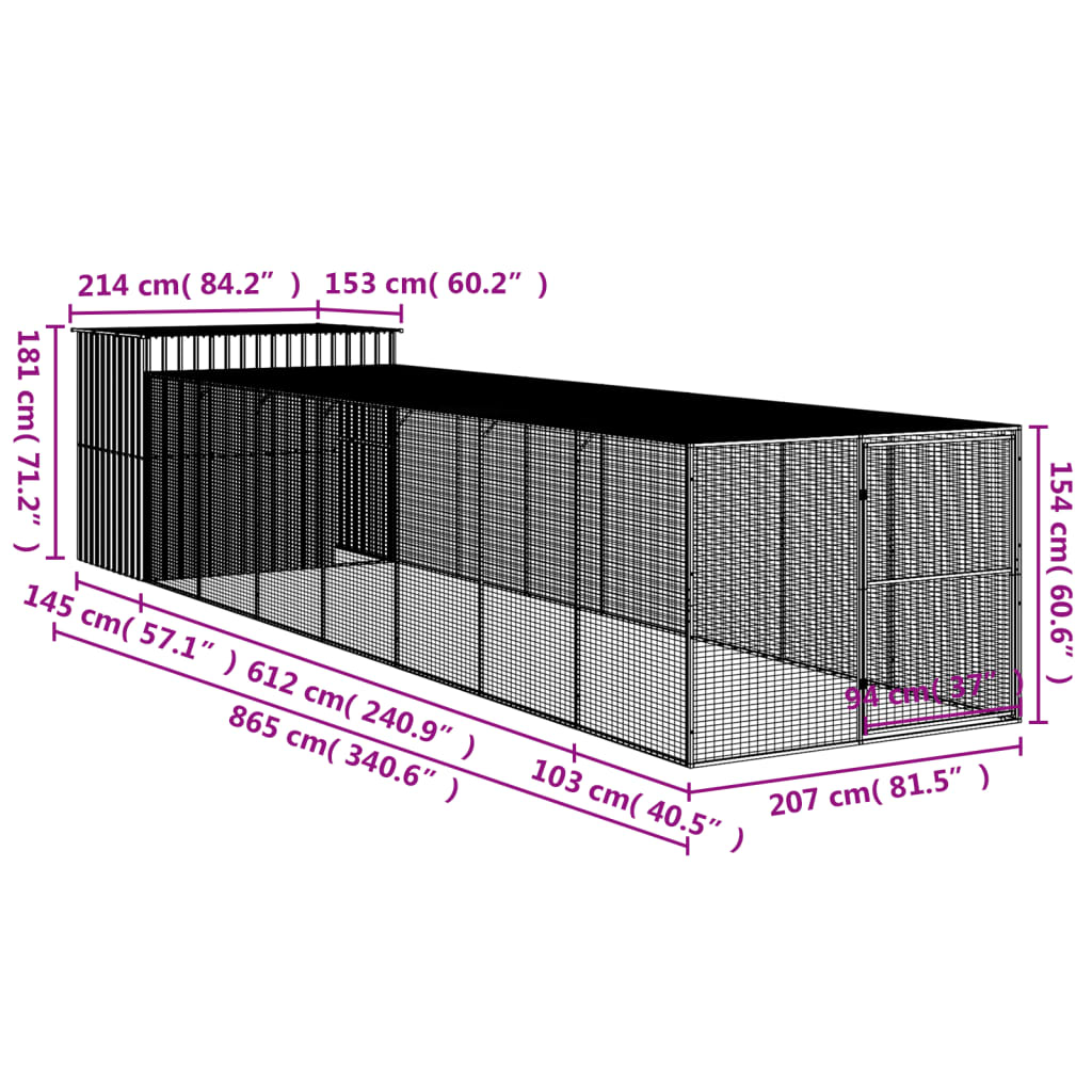 Dog House with Run Light Grey 214x865x181 cm Galvanised Steel