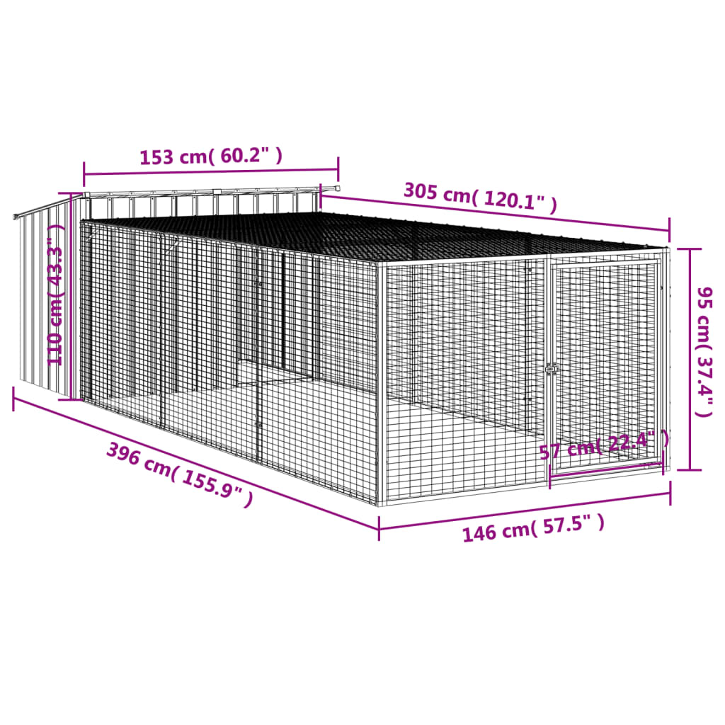 Dog House with Run Anthracite 153x396x110 cm Galvanised Steel