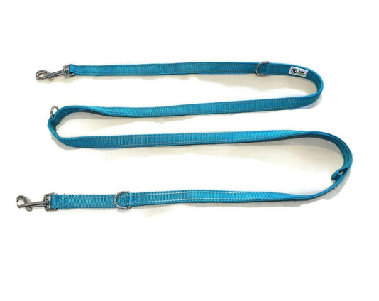 Multi Dog Lead - Nylon w/Reflective Stitching - Double Clip ,Coupler, Waist Belt, Short/Long, Quicktie - Moondidley Pets 20mm Turquoise