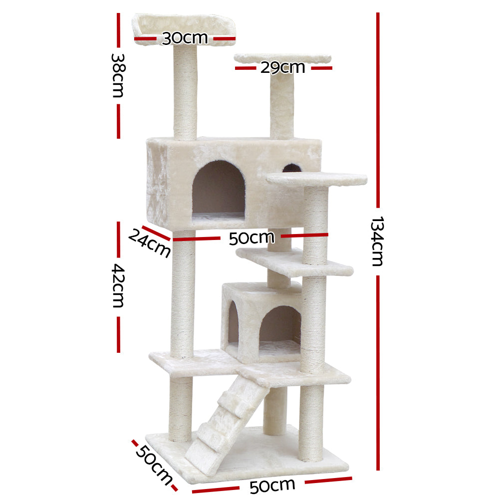 i.Pet Cat Tree 134cm Tower Scratching Post Scratcher Wood Condo House Bed Beige