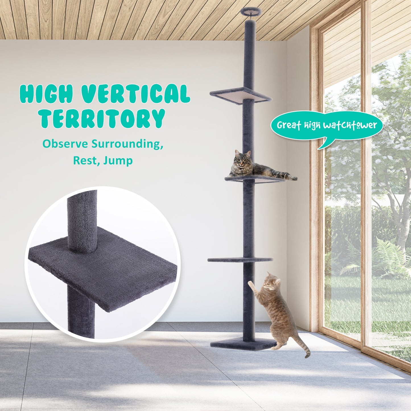 Cat Tree Multi Level Scratcher PILLAR 278cm Adjustable Floor to Ceiling Condo Tower GREY