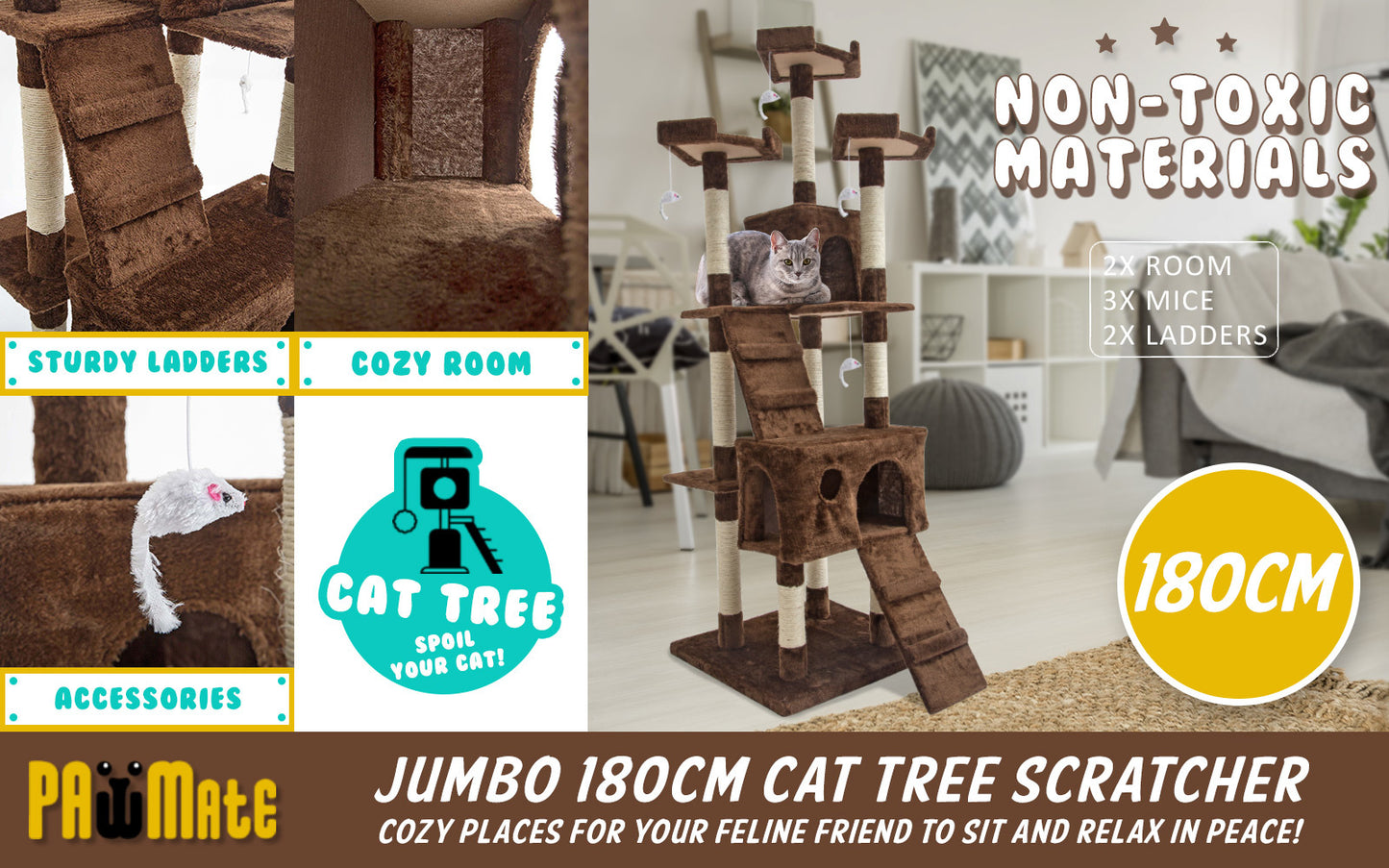 Cat Tree Multi Level Scratcher JUMBO 180cm BROWN