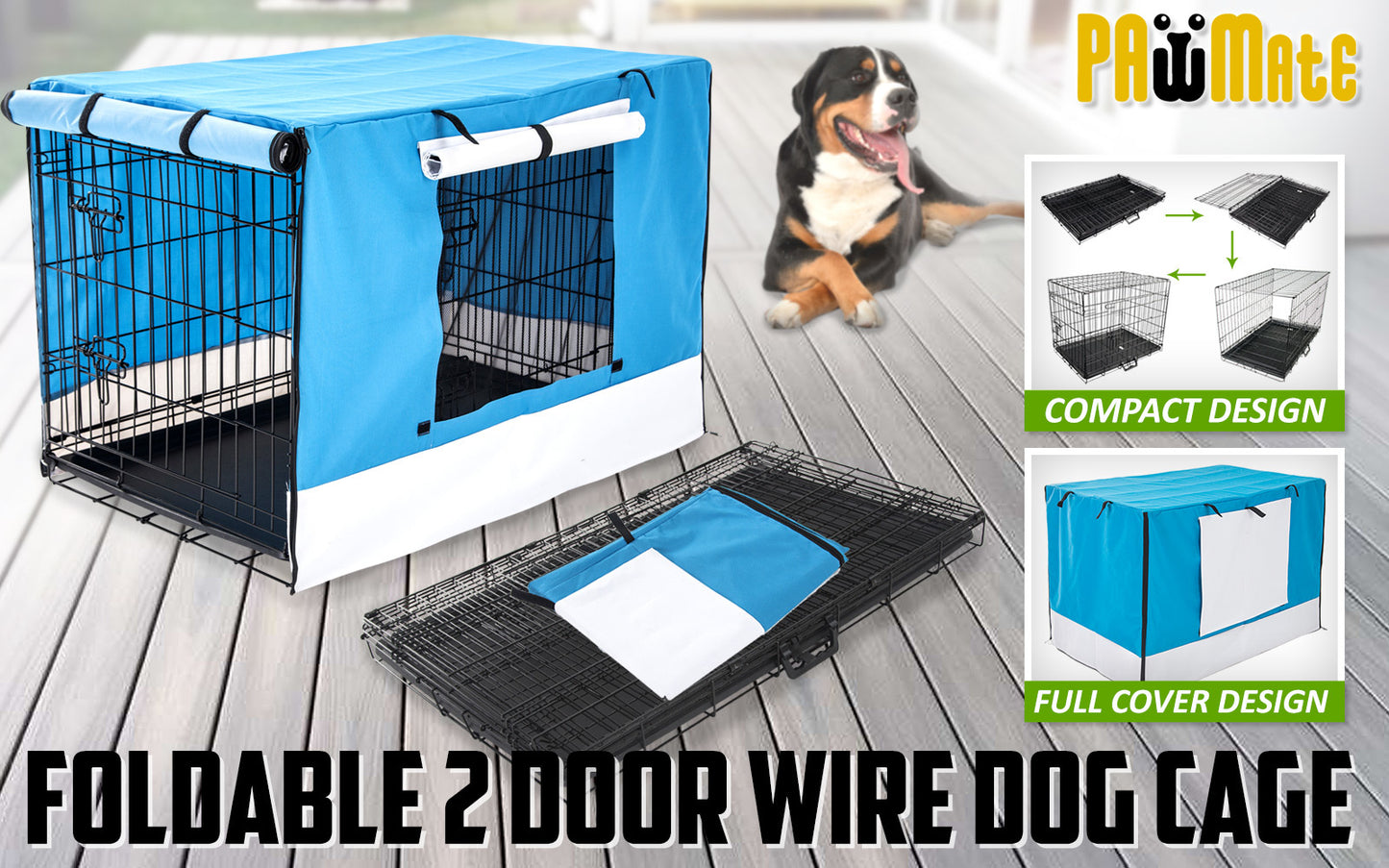 Wire Dog Cage Foldable Crate Kennel 42in with Tray + BLUE Cover Combo